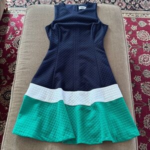 Eliza J Lined Sleeveless Blue/Green/White Lined Dress Size 4 Back Zip (TD)
